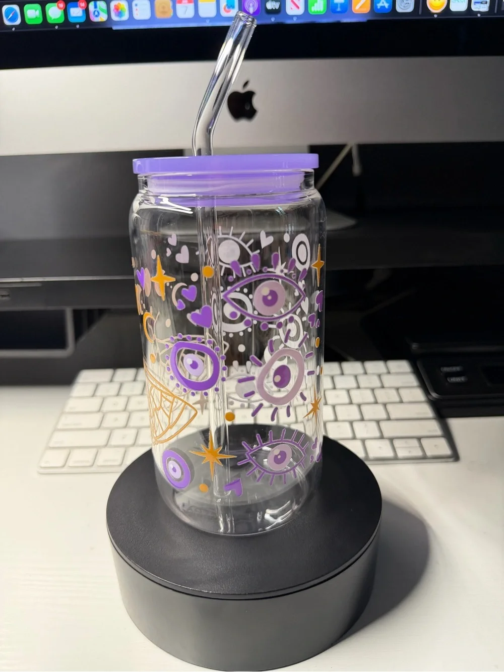 Celestial Moth clear glass tumbler with glass Straw.